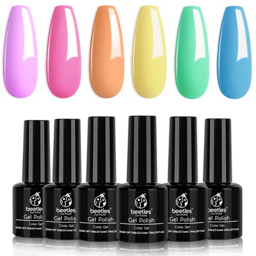 Beetles Gel Nail Polish Kit, Easter Nail Art 6 Colors Spring Summer Rainbow Bright Purple Pink Yellow Green Blue Soak Off Nail Lamp Gel Polish Set DIY Manicure Gifts for Girls