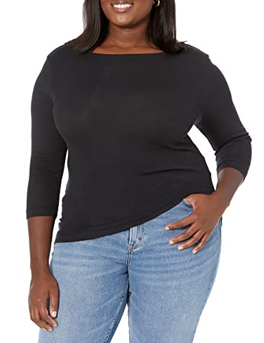 Amazon Essentials Women's Slim-Fit 3/4 Sleeve Solid Boat Neck T-Shirt, Black, Large