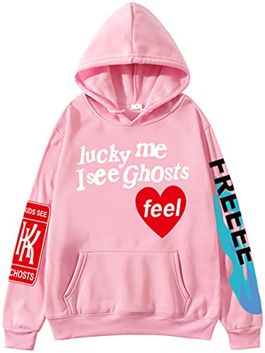 MINIDORA Boy's Colourful Lucky Me I See Ghosts Hooded Sweatshirts Rapper Hoodies Pink Large