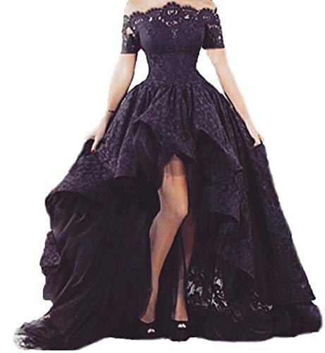 Diandiai Off Shoulder Hi Lo Gothic Prom Dresses for Women Short Sleeve Lace Evening Dresses Plus Size Black 24