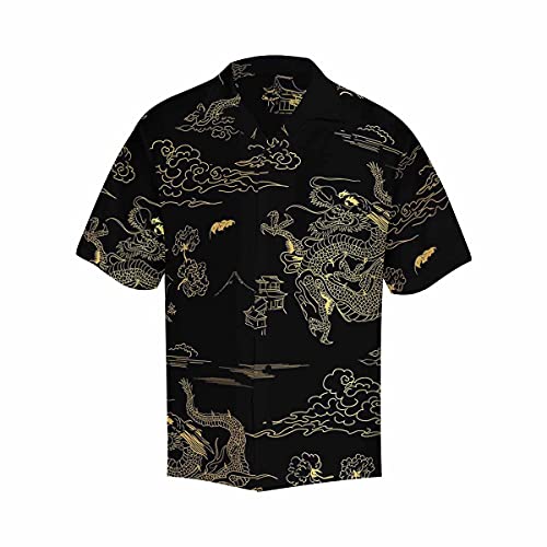 InterestPrint Japanese Chinese Gold Black Dragon Men's Hawaiian Casual Button Down Shirt Standard-Fit Summer Shirt M