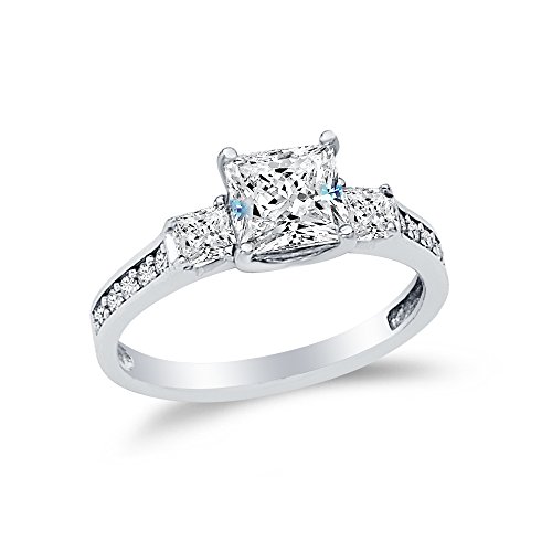 Size - 7 - Solid 14k White Gold Princess Cut Three 3 Stone Wedding Engagement Ring, CZ Cubic Zirconia (1.75 ct.)