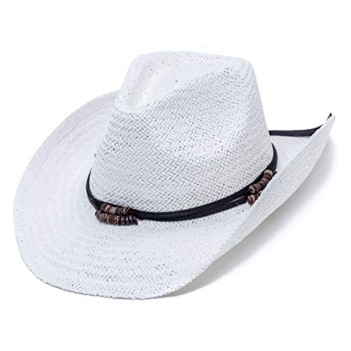 Old Stone Straw Cowboy Cowgirl Hat for Men/Women Unisex Summer Winter Wide Brim Sun Hat Dallas Western Style for Safari Fishing Beach Golf Hiking Multipurpose,Chloe White