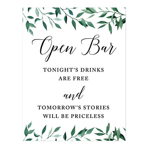 Andaz Press Wedding Party Signs, Natural Greenery Green Leaves, 8.5x11-inch, Open Bar Tonight's Drinks are Free and Tomorrow's Stories Will Be Priceless, 1-Pack, Alcohol Signage