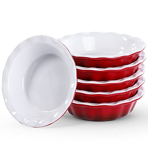 Porcelain Mini Pie Pans Set of 6, Lareina 6.5 Inch Individual Pie Dish for Baking, 12 oz Small Ceramic Pie Plates for Chicken Pot Pie, Quiches, Fruit Pies, Microwave and Dishwasher Safe, Red