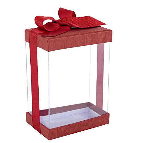 Hammont Clear Plastic Gift Boxes (6 Pack) Bakery Boxes with Base, Lid & Ribbon | For Cakes, Pastries, Cookies, Cupcakes & Party Favors (Maroon, 7x5x3â)