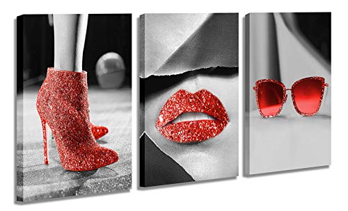 Wall Art Canvas Black and White Art Fashion Women Red Shine High Heels Sunglasses Red Lips Pictures Decoration Paintings for Bathroom Women's Room Wall Decor 12x16inch