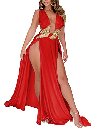 Ekaliy Women Elegant High Side Split Dress V Neck Side Slit Club Maxi Dresses Long Dress Thigh Split Dress Red S