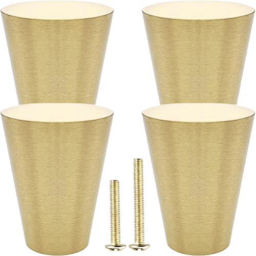 YEWLACA 4Pcs Solid Brass Knobs, Brushed Gold Pure Copper Cone Decorative Knob Mid Century Pull Handles for Kitchen Cabinet Drawer Dresser, Modern Furniture Hardware with Screws