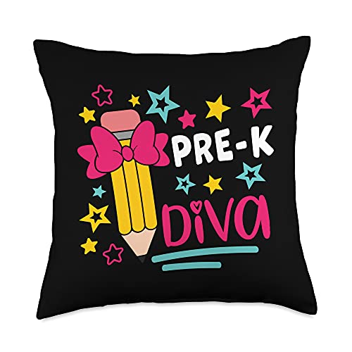 Cute Pencil Bow Print Outfit Women Teacher Student Pre-k Diva Girls Head Bow Star Student & Teacher Preschool Throw Pillow, 18x18, Multicolor