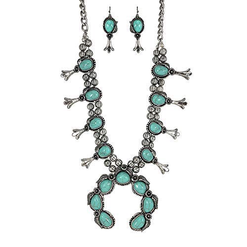 Turquoise Vintage Squash Blossom Metal Statement Necklace/w Earrings No.530