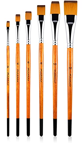 golden maple 6Pcs Japanese Nylon Flat Paint Brush Set Short Wooden Acrylic Handle for Oil Watercolor Acrylic Gouache Paints