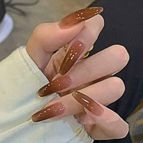 Uranian Brown Press on Nails Coffin Extra Long Fake Nails Ombre False Nails Glossy Full Cover Solid Nails Acrylic Nails Tips for Women and Girls (24Pcs)