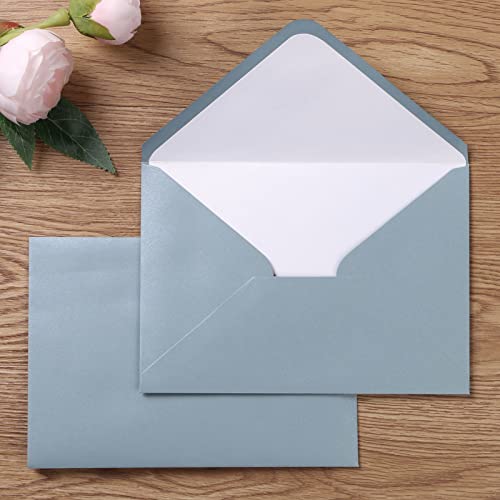 PONATIA 50 Pieces/lot A7 Envelopes, 5.25 X 7.5 Inches Dusty Blue Envelopes Perfect For 5x7 Weddings Invitation Cards, Graduation Invite (Pearl White Liner + Dusty Blue)