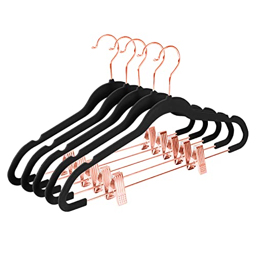 MIZGI Premium Velvet Pants Hangers with Clips (Pack of 20) Slim Skirt Hangers- Non Slip Felt Outfit Dress Hangers Black - Copper/Rose Gold Hooks,Space Saving Shirt Clothes Hangers