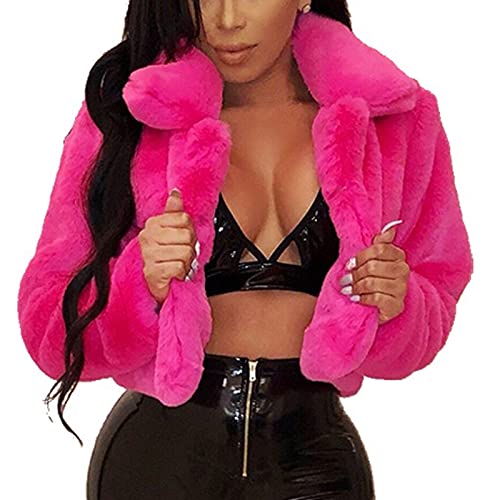 SHOPESSA Faux Fur Mink Coat for Women Turn Down Collar Cropped Fuzzy Jacket Women Thicken Casual Outdoor Y2K Outerwear Hot Pink