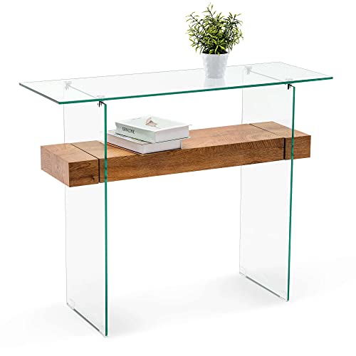 Ivinta Narrow Glass Console Table with Storage Modern Sofa Table Entryway Table Glass Writing Desk Small Computer Desk TV Table Buffet Table Modern Accent Table for Small Space