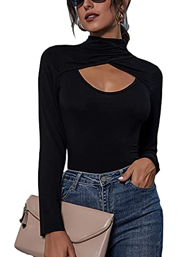 Romwe Women's Long Sleeve Cutout Wrap Front Mock Neck Slim Fit Tops Tee Shirts Black S