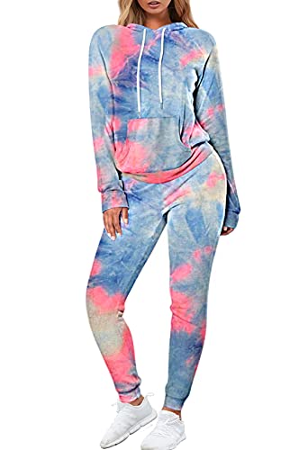 FUPHINE Women's Tie Dye Jogger Outfit Sweatsuit 2 Piece Sweatshirt Long Sleeve Hooded and Pants Lounge Sets Tracksuit Blue L