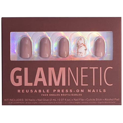 Glamnetic Press On Nails - Gold Truffle | UV Finish Marble and Mocha Short Round Nails, Reusable | 15 Sizes - 30 Nail Kit with Glue