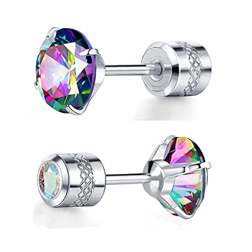 Titanium Screw Back Earrings Surgical Stainless Steel Rainbow Cubic Zirconia Fake Diamond Flat Back Stud 316L Hypoallergenic for Sensitive Ear for Women Men Teen CZ Twist Piercing Post