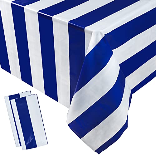 2 Pieces Blue and White Striped Tablecloth Nautical Blue Plastic Table Cover Waterproof Disposable Rectangle Tablecloth for Party Kitchen Dining Table Decor