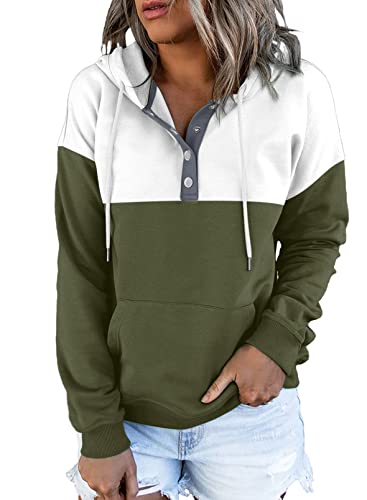 Dokotoo Womens Ladies Winter Sweatshirts for Women Comfy Color Block Hoodies Button Collar Fleece Long Sleeve with Pockets Hooded Pullovers Casual Fall Tops Shirts Olive Green White L