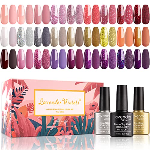 Lavender Violets Gel Nail Polish Kit 27+3 Colors Classic Glitter Gel Shades Red Pink Purple Yellow and Silver Soak-off UV Nail Gel with Base, Matte and Glossy Top Coat C971