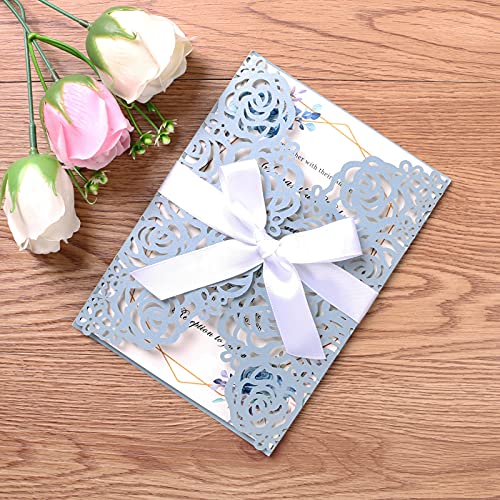 PONATIA 25PCS Hollow Rose Laser Cut Wedding Invitations Cards With Envelopes, Printable Dusty Blue Invitations For Weddings Bridal Shower Engagement Birthday Sweet 16 Invite