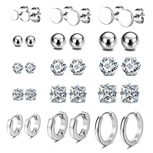 JewelrieShop Earrings Studs Set for Women Girl Stainless Steel CZ Ball Flat Hoop Earing Hypoallergenic Silver Multiple Piercing Ear Stud for Men (15 Pairs, Silver Tone)