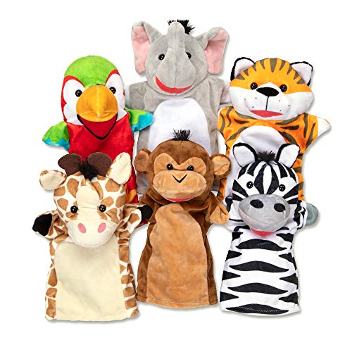 Melissa & Doug Safari Buddies Hand Puppets, Set of 6 (Elephant, Tiger, Parrot, Giraffe, Monkey, Zebra) - Soft, Plush Animal Hand Puppets For Toddlers And Kids Ages 2+