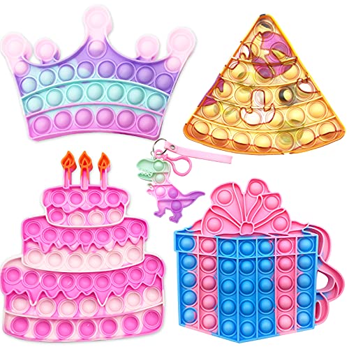 QETRABONE 5 Pack Birthday Cake Crown Pop Fidget Toy for Girls, Gift Pop Bubbles Toy, Pizza Silicone Fidget Sensory Squeeze Bubbles Toy, Dinosaur Pop Keychain, Stress Relief Anti-Anxiety Autism