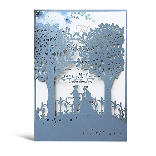 Hosmsua 5x7.2 inch 50PCS Dusty Blue Laser Cut Tree Wedding Invitations with Bride & Groom Pocket Invitation Cards for Wedding Engagement Invite (Dusty Blue, Blank)