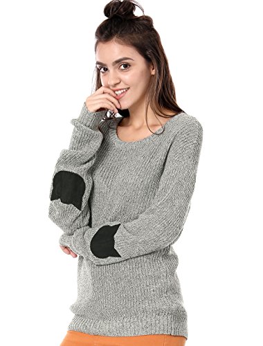 Allegra K Women's Elbow Patch Long Sleeve Cat Sweaters Drop Shoulder Pullover Jumper Small Gray