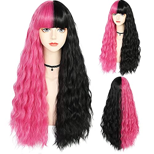 ANOGOL Half Pink Half Black Wig Long Body Wave Wig with Bangs for Women Synthetic Wig for Party