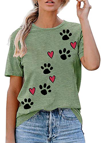 Dog Paw Love Heart Print T-Shirt for Women Short Sleeve Dog Mom Graphic Tees Tops Mother's Day Shirts Small