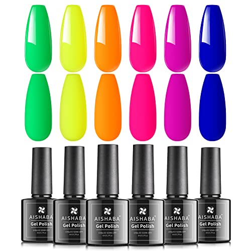 Aishaba Neon Gel Nail Polish Set, 6 Colors Blue Green Gel Polish Set Pink Purple Gel Nail Polish Orange Yellow Gel Polish Colors Spring Summer UV LED Soak Off Nail Polish Set Holiday Gift