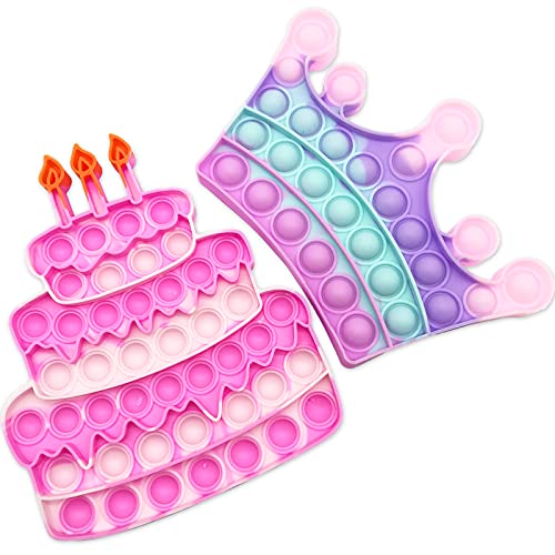 QETRABONE 2 Pcs Fidget Pop Stress Toy, pop it Birthday for Girls, Pop it Party for Kids, Crown Pop it Toy for Autistic Children Adult Squeeze Toy (Crown + Birthday Cake)