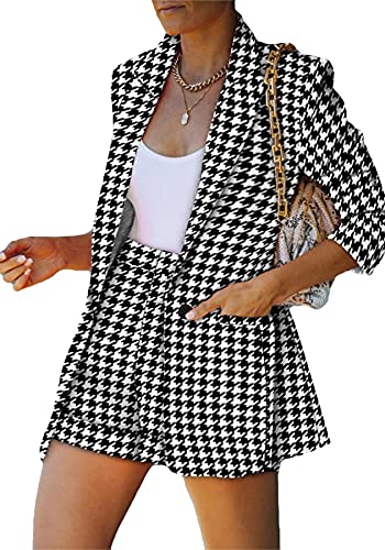 Women's 2 Piece Outfits Casual Long Sleeve Houndstooth Blazer Jacket & Shorts Suit Set Clubwear