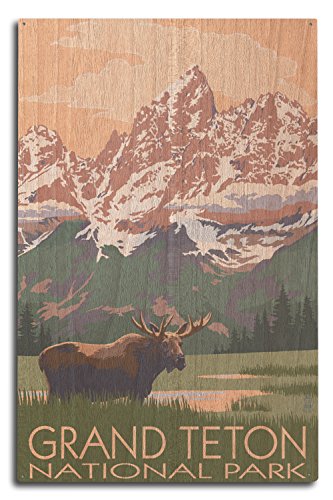 Grand Teton National Park, Wyoming, Moose and Mountains Birch Wood Wall Sign (10x15 Rustic Home Decor, Ready to Hang Art)