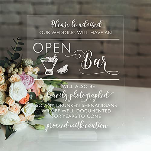 Open Bar Wedding Sign, Acrylic Cocktails Sign for Wedding, Wedding Table Sign (8X10, Clear Acrylic Stand)