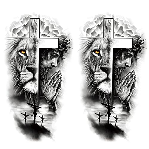 Oottati 2 Sheets Waterproof Fake Forest Lion Jesus Cross Old School Arm Leg Temporary Tattoo