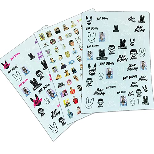 BEAULA Bad Bunny Nail Stickers for Nail Art 3 Sheets Rabbit Words Bad Bunny Nail Stickers Bunny Nail Decals for Acrylic Nails Designer Nail Art Stickers 3D Nail Art Decorations Charms for Women Kids