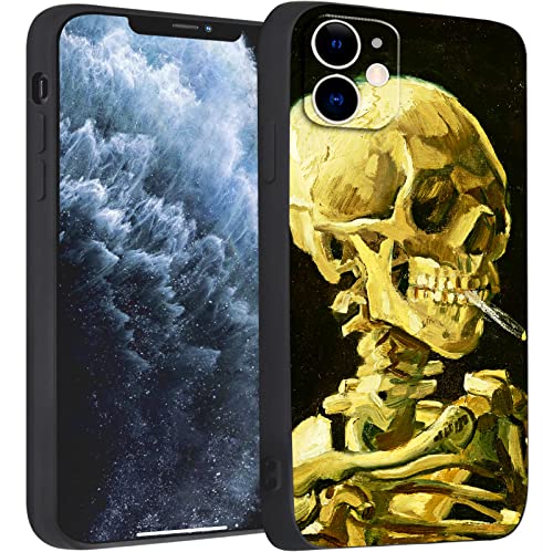 Compatible with iPhone 11 Cute Art Silicone Case with Design Black Stylish Skull Symbol Cool Stunning Graffiti with Screen Protector (Head of a Skeleton with a Burning Cigarette by Vincent Van Gogh)