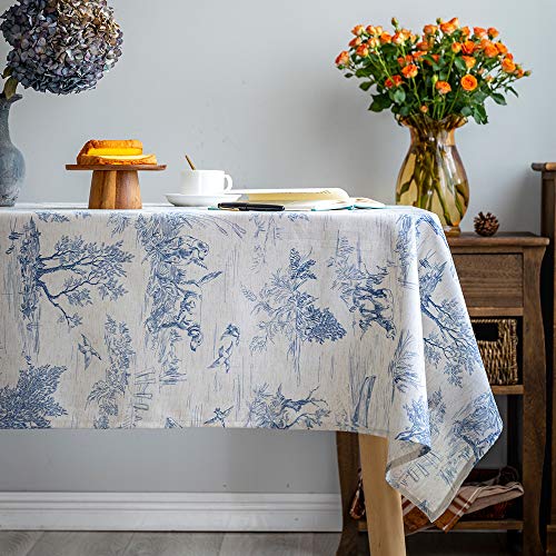 Glory Season Rustic Tablecloth Classic French Village Printed Linen Fabric Table Cover Farmhouse Decoration 55x84 Inches Rectangle/Oblong Blue for Kitchen Dining