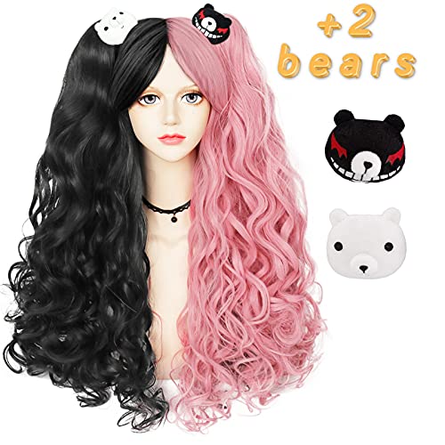 ANOGOL Wig Cap+Black and Pink with Pigtails wig for Gothic Long Curly Wigs with Bangs Pink Wig for Women for Girls for Halloween Costume Party