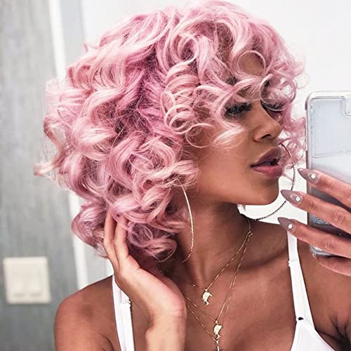 AIDUSA Short Loose Curly Wigs Big Curly Wig With Bangs Afro Wig for Black Women Fluffy Curly Pink Synthetic Wigs Black Women Wig Half Wigs for White Women Wavy Natural Wigs (Pink)