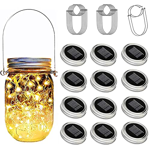 Ostritec Solar Mason Jar Lights Lids, 12 Pack 30 Led Fairy Lights(Jars Not Included), Outdoor Hanging Mason Jar Solar Lights, Fairy in a Jar Solar Firefly Lights for Patio Garden Table Decor