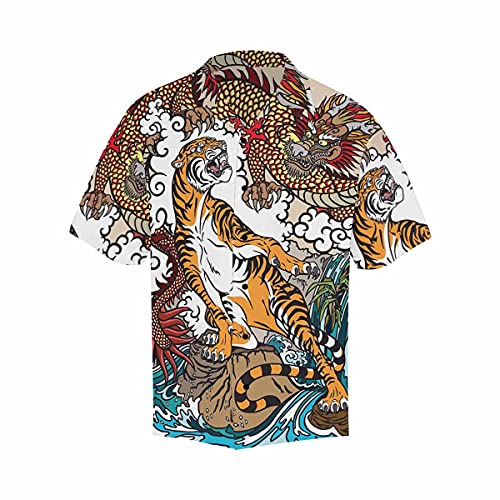 InterestPrint Chinese Dragon and Tiger Men's Casual Button Down Short Sleeve Holiday Hawaiian Shirt M