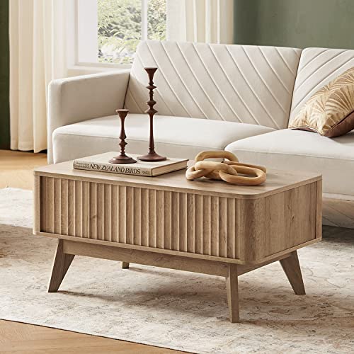 mopio Brooklyn Mid-Century Modern Lift Top Coffee Table, Waveform Panel with Hidden Storage, Sleek Curved Profile Lift Tabletop Dining Table (Golden Oak, Coffee Table)